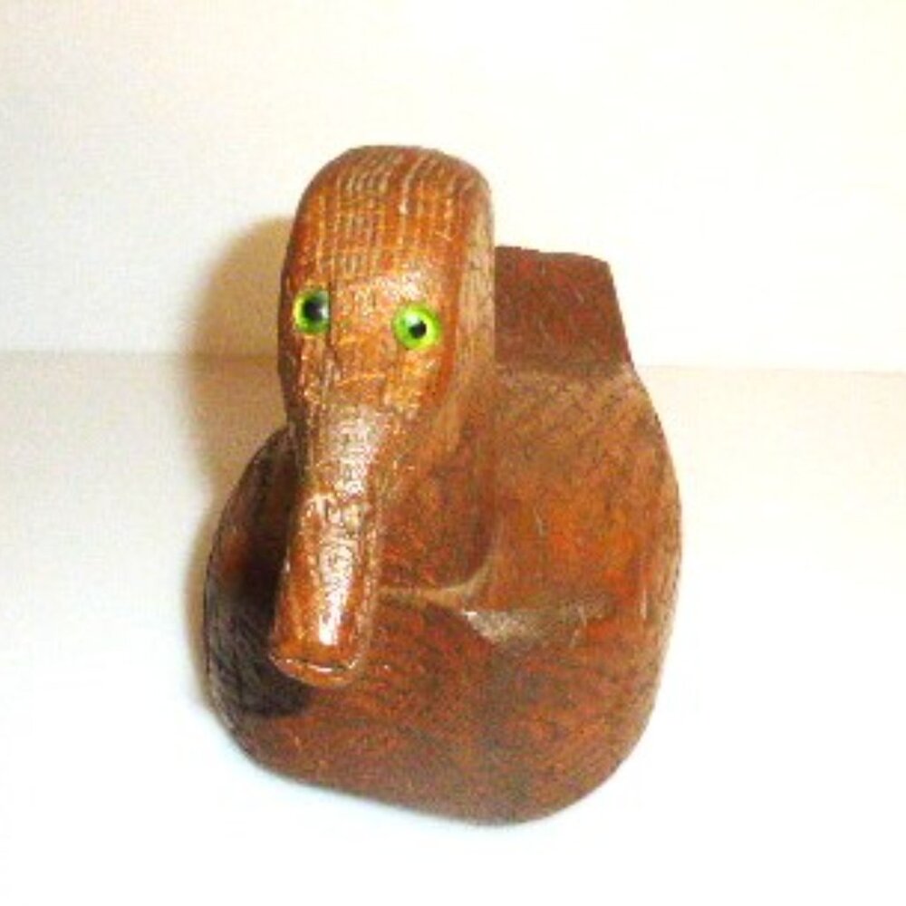Solid Wood HAND CARVED DUCK w/ GLASS EYES Wood Duck Decoy Vintage Duck